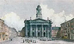 A coloured engraving of a neoclassical building