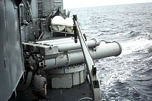 The French destroyer Kersaint prepares to launch a torpedo in 1970