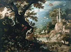 Painting of various animals and people in a forest, including a whitish dodo