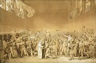 Tennis Court Oath (1789) by David&nbsp;: the abbot Henri Grégoire, was a founding member of the French Conservatory of Arts and Crafts, and is shown here wearing his clergy black cloth, in the foreground, at the centre of the painting with Dom Gerle on the left and Jean-Paul Rabaut Saint-Étienne on the right-hand side.