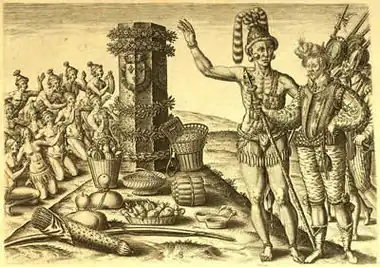 Athore, son of the Timucuan king Saturiwa, showing Laudonnière the monument placed by Jean Ribault in 1562
