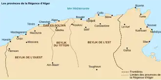 Map of the Regency of Algiers. The Beylik of Constantine is the easternmost, between Titteri and Tunis.