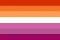 Orange-pink lesbian flag derived from the pink lesbian flag, circulated on social media in 2018, and the most popular lesbian flag in use today.