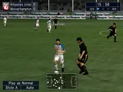 A screenshot of the game's 3D Match Engine, Wikipedians United is playing against an unlicensed version of Wolverhampton.