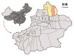Location of Fuyun County (red) in Altay Prefecture (yellow) and Xinjiang