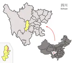 Location of Lushan County (red) and Ya'an City (yellow) within Sichuan
