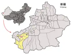 Location of the county in Kashgar Prefecture (yellow) and Xinjiang