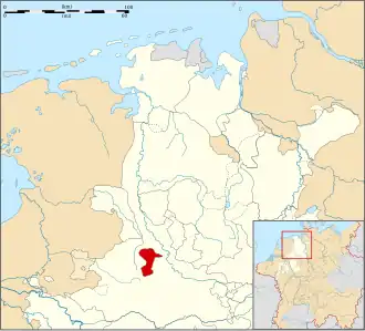 Map of the Lower Rhenish–Westphalian Circle around 1560, County of Steinfurt highlighted in red