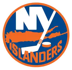 Inside a blue circle, with orange and white borders, the letters "NY" are joined together with the "Y" hockey stick facing downwards, next to a hockey puck. Behind the image, a map of Nassau and Suffolk counties joined together. At the bottom, the teams' name wrapping around in Orange with the tip of the "I" in blue, pointing towards Uniondale in Nassau County.