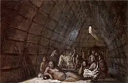 Interior of a House of a Chief of the Sandwich Islands, pen, watercolor and gouache, 1816, Honolulu Academy of Arts