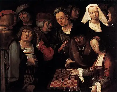 Image 4Lucas van Leyden, c. 1508, The Game of Chess, oil on oak, 27 x 35&nbsp;cm, Gemäldegalerie, Berlin (from Chess in the arts)