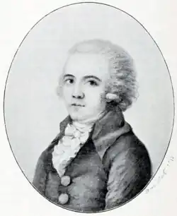 Silverpoint drawing of a 24 year old man in half-profile, wearing 1780s clothing