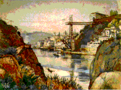 A view of the initial construction of Luiz I Bridge from the river Douro's mouth (1881–1886)