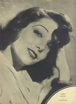 Black and white publicity photograph of Lupe Vélez from 1933 for an Argentinean magazine, showing her with styled hair