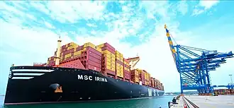 A large container ship, seen through palm trees