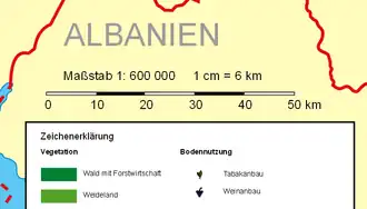 Image 9A bar scale with the nominal scale expressed as "1:600 000", meaning 1 cm on the map corresponds to 600,000&nbsp;cm=6&nbsp;km on the ground. (from Scale (map))