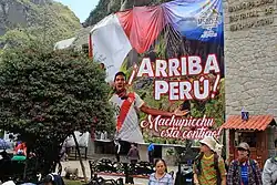 Photograph of a large poster, placed on a wall behind a tree, depicting a man celebrating