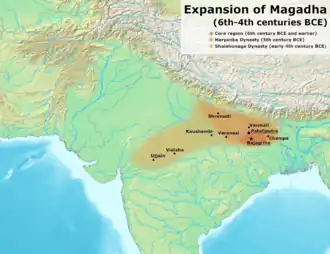 The approximate extent of the Haryanka dynasty and the Shaisunaga dynasty between the 6th and 5th century BCE.[1]