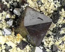 Octahedral crystals of magnetite up to 1.8&nbsp;cm across, on cream colored feldspar crystals, locality: Cerro Huañaquino, Potosí Department, Bolivia