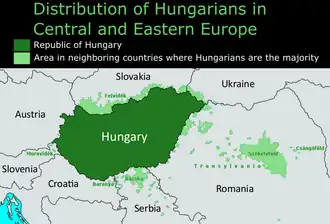 Ethnic map depicting the contemporary ethnic distribution of Hungarians across the Pannonian Basin (also known and referred to as the Carpathian Basin). Legend: &nbsp;&nbsp;Hungary proper where Hungarians are the ethnic majority people &nbsp;&nbsp;Regions outside Hungary where there are notable ethnic Hungarian minorities