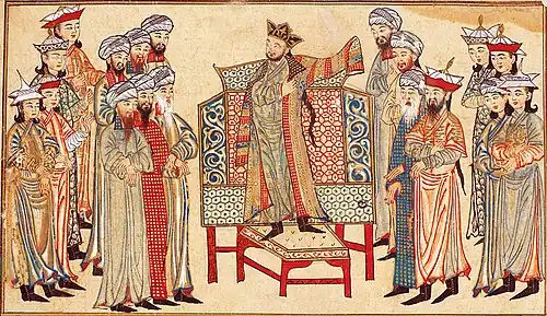 Sultan Mahmud of Ghazni&nbsp;receiving a richly decorated robe of honor from the caliph&nbsp;al-Qadir&nbsp;in 1000. Miniature from the Rashid al-Din's&nbsp;Jami' al-tawarikh