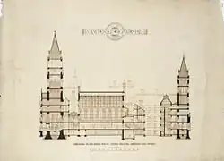Cross section through Manchester Town Hall for 1866 entry in the competition, note the use of colour coding, much faded with age