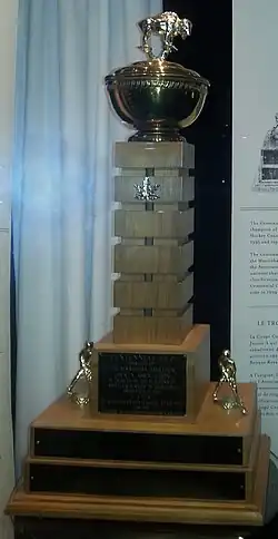 Ornate gold-plated bowl mounted on a wooden plinth atop a two-tier rectangular wooden base adorned with name plates