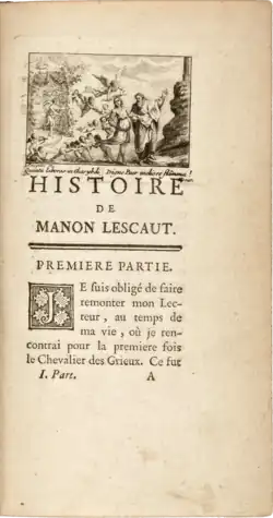 French book page with an allegorical image, the heading "History of Manon Lescaut", and the text with an illuminated capital. The page margins are much larger and the next page's text does not show through, suggesting a higher-quality book.