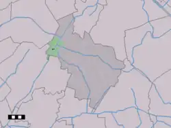 The town centre (dark green) and the statistical district (light green) of Hoogersmilde in the municipality of Midden-Drenthe.