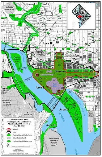 National Park Service map showing the National Mall's designated reserve area referenced in the 2003 Commemorative Works Clarification and Revision Act