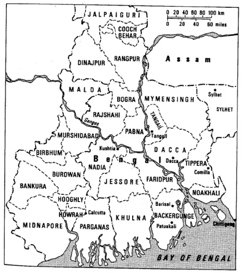 Line-drawing map of Bengal in 1943. All of its large political districts are shown and labelled.