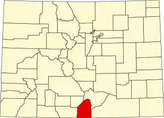 Map of Colorado highlighting Costilla County