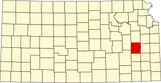 Map of Kansas highlighting Coffey County