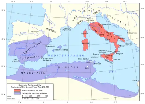 A map of the western Mediterranean showing territory controlled by Carthage and Rome in 218 BC