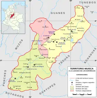 Map of the Muisca territory according to Falchetti and Plazas in the 1970s. This map has received criticism, however, as it mainly uses the late 17th century chronicler Lucas Fernández de Piedrahita, considered unreliable.[2] According to colonial documents, the confederations of Sogamoso and Duitama were independent of Tunja and had great importance.[3]