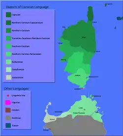 Linguistic map of Corsica and northern Sardinia