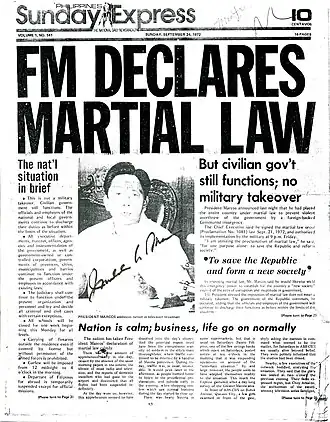 The Declaration of Martial Law in the headlines of the Philippines Sunday Express