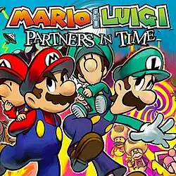 Stylized illustration of Mario and Luigi running from mushroom-shaped space aliens while carrying their younger selves on their backs