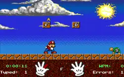 A rectangular video game screenshot that is a digital representation of a brick road. An Italian plumber in blue overalls, a red shirt, and red hat runs to the right. Two brick blocks, the first with the letter "F" and the second with the letter "D", float above the plumber. On the far right, a green turtle with the letter "S" on its shell walks to the left.