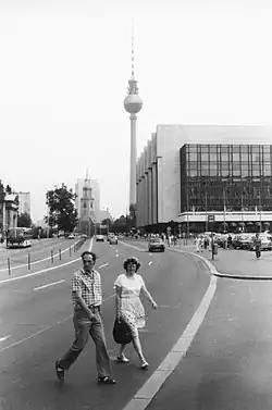 Marx-Engels-Platz and the Palace of the Republic in East Berlin in the summer of 1989. The Fernsehturm (TV Tower) is visible in the background