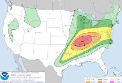 A map of CONUS, with different colors overlapping parts of states meaning different risk level. Red indicated MDT, orange ENH, yellow SLGT, dark green MRGL and light green TSTM.