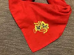 A photo of a Red Scout Scarf with an embroidered gold emblem