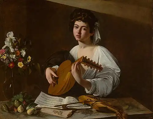Caravaggio, The Lute Player, oil on canvas, 94 × 119&nbsp;cm, Hermitage Museum, Saint Petersburg[10]