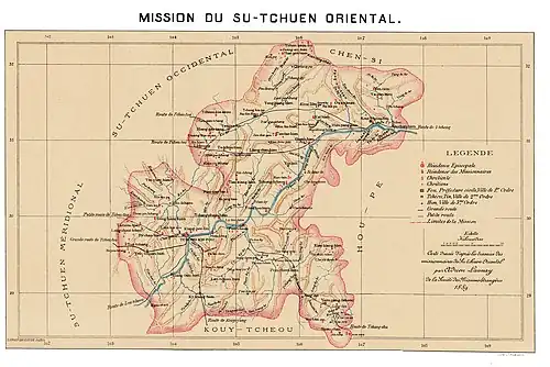 Chongqing (Tchong-kin-fou) was part of the Eastern Szechwan Mission. Map prepared by Adrien Launay&nbsp;[fr], 1889.