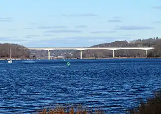 A multi-span highway bridge over a river