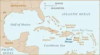 A map of the Caribbean, with the southern United State above, and Mexico and Central America to the left. The Mona Passage is labeled between the Dominican Republic and Puerto Rico, near Mona Island.