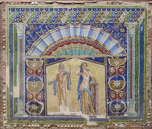 A Roman mosaic on a wall in the House of Neptune and Amphitrite, Herculaneum, Italy