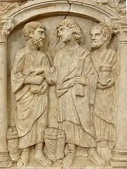 Detail of a sarcophagus depicting the Christian belief in the multiplication of bread loaves and fish by Jesus Christ, c. 350-375 AD, Vatican Museums