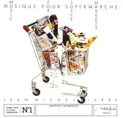 A photograph of a full shopping cart, split vertically in half, revealing a black-and-white photo of Jean-Michel Jarre in background