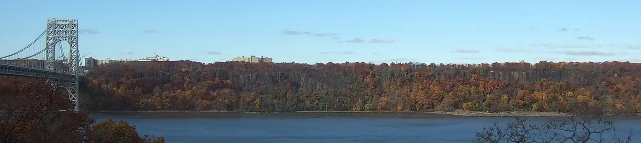 Pictured The Palisades, with the George Washington Bridge on the left. The Palisades are a line of steep cliffs along the west side of the Hudson River in Northeastern New Jersey and Southeastern New York, stretching north from Jersey City, New Jersey to Nyack, New York.